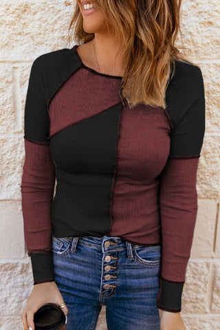 Color Block Round Neck Long Sleeve T-Shirt - Cute Little Wish