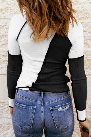 Color Block Round Neck Long Sleeve T-Shirt - Cute Little Wish