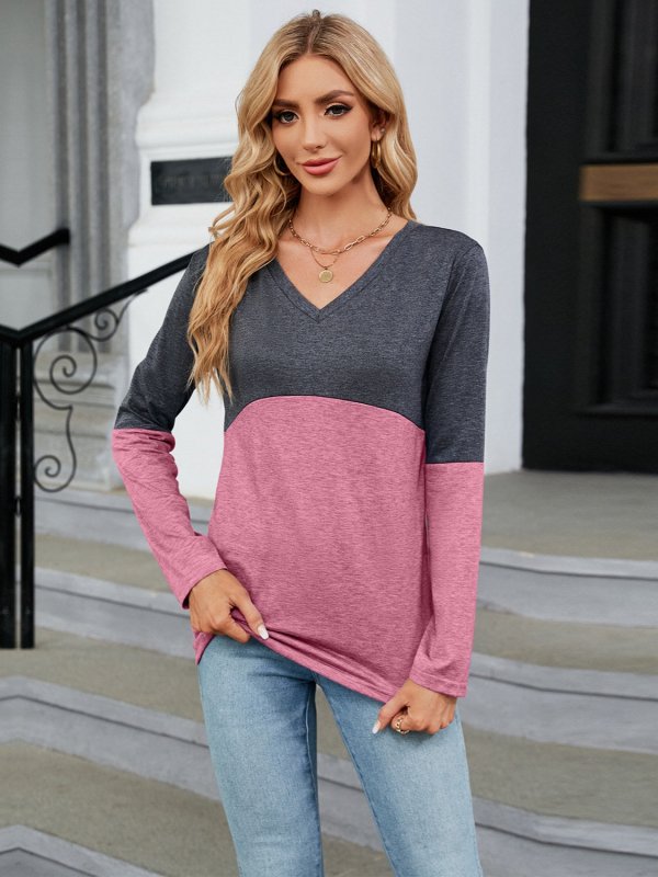 Color Block V-Neck Long Sleeve T-Shirt - Cute Little Wish