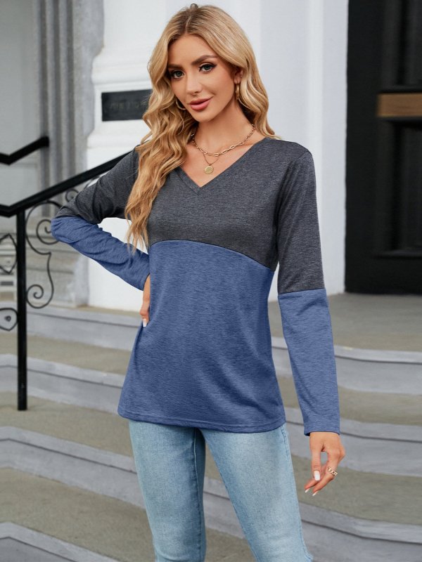 Color Block V-Neck Long Sleeve T-Shirt - Cute Little Wish