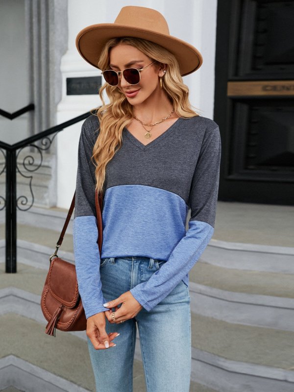 Color Block V-Neck Long Sleeve T-Shirt - Cute Little Wish