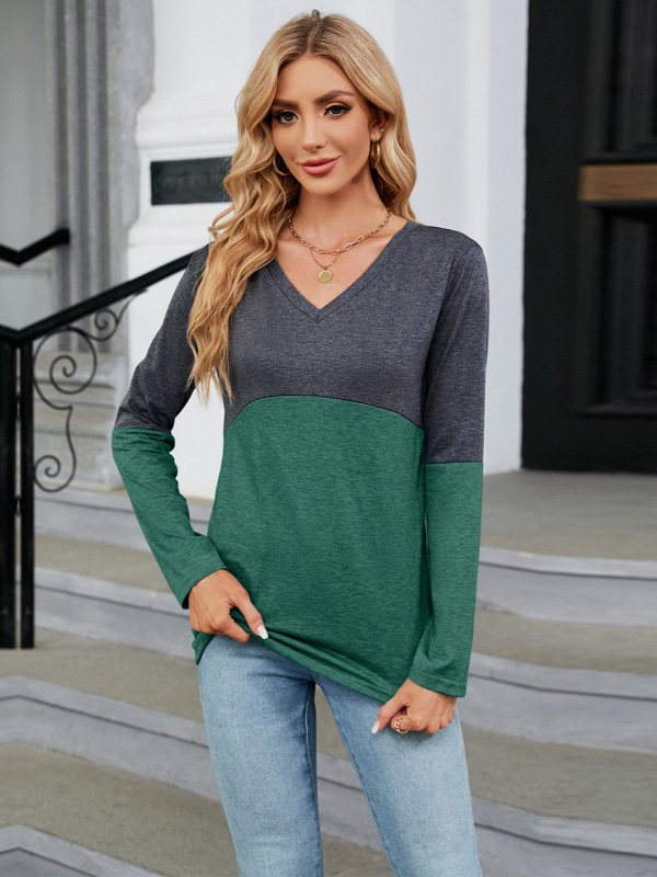 Color Block V-Neck Long Sleeve T-Shirt - Cute Little Wish