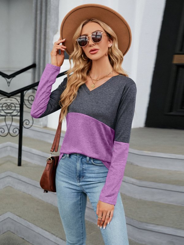 Color Block V-Neck Long Sleeve T-Shirt - Cute Little Wish