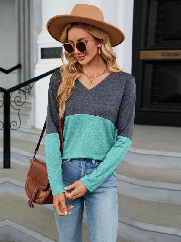 Color Block V-Neck Long Sleeve T-Shirt - Cute Little Wish