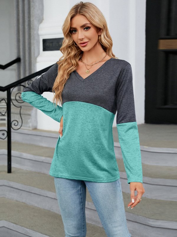 Color Block V-Neck Long Sleeve T-Shirt - Cute Little Wish