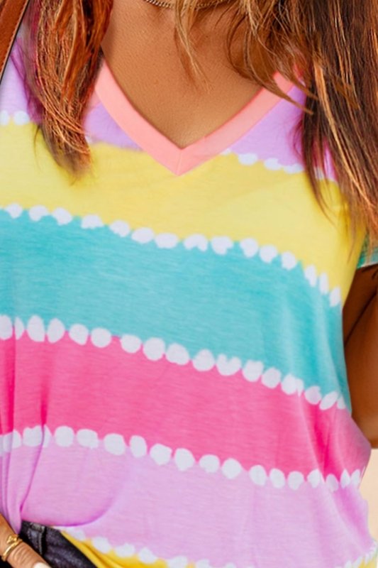 Color Block V-Neck Short Sleeve Tee - Cute Little Wish