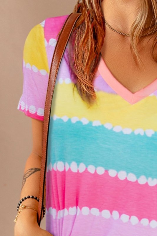 Color Block V-Neck Short Sleeve Tee - Cute Little Wish