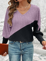 Contrast Buttoned V-Neck Blouse - Cute Little Wish