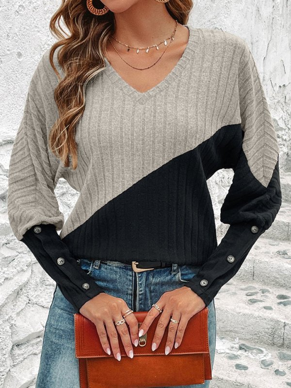 Contrast Buttoned V-Neck Blouse - Cute Little Wish