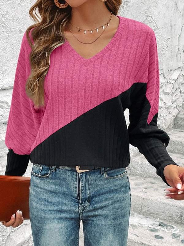 Contrast Buttoned V-Neck Blouse - Cute Little Wish