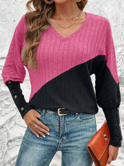 Contrast Buttoned V-Neck Blouse - Cute Little Wish