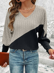 Contrast Buttoned V-Neck Blouse - Cute Little Wish