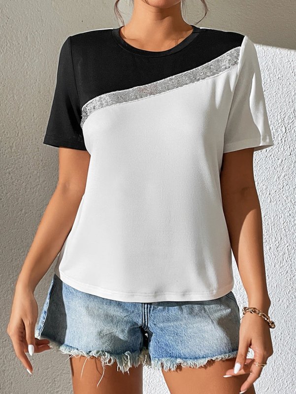 Contrast Color Round Neck Short Sleeve Tee - Cute Little Wish