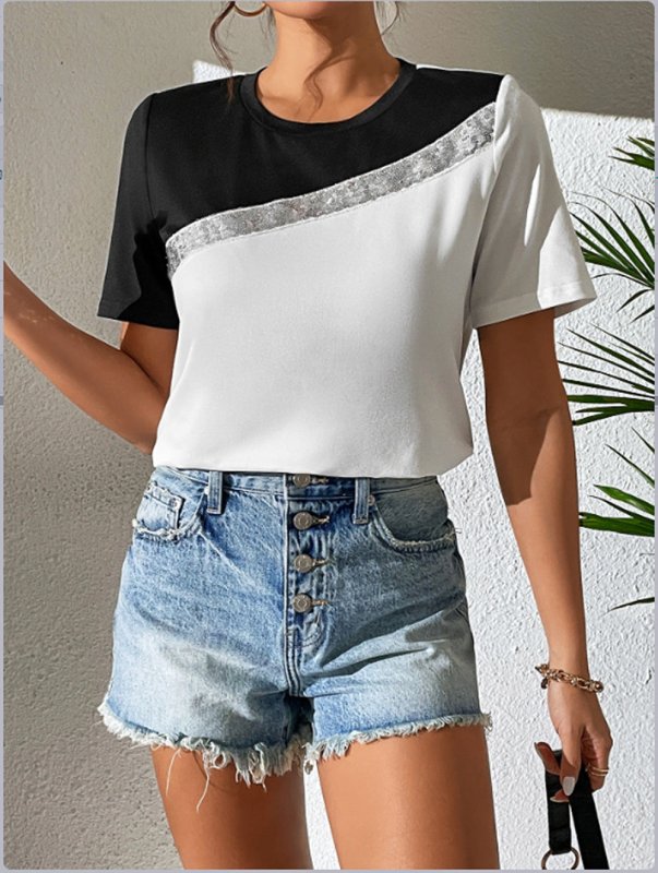 Contrast Color Round Neck Short Sleeve Tee - Cute Little Wish