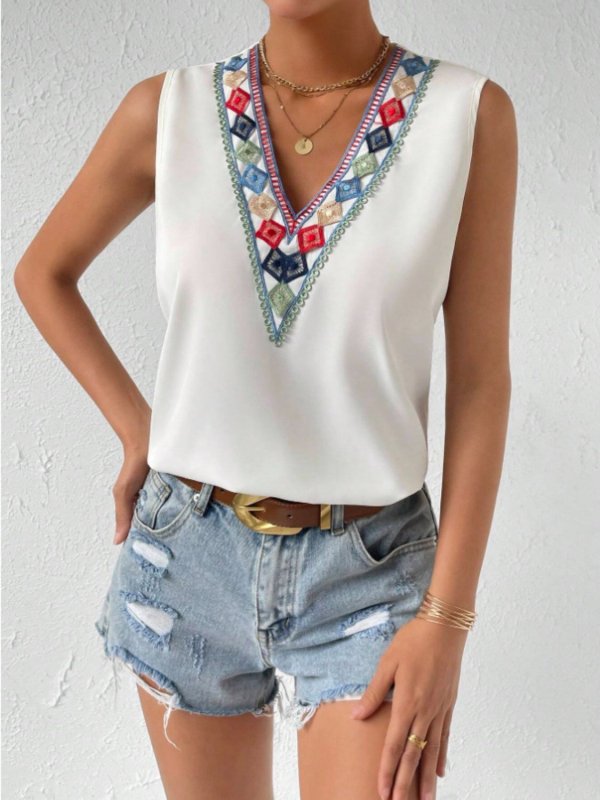 Contrast Geometric V-Neck Tank - Cute Little Wish