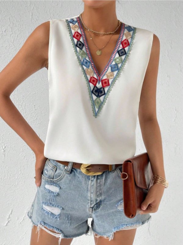 Contrast Geometric V-Neck Tank - Cute Little Wish