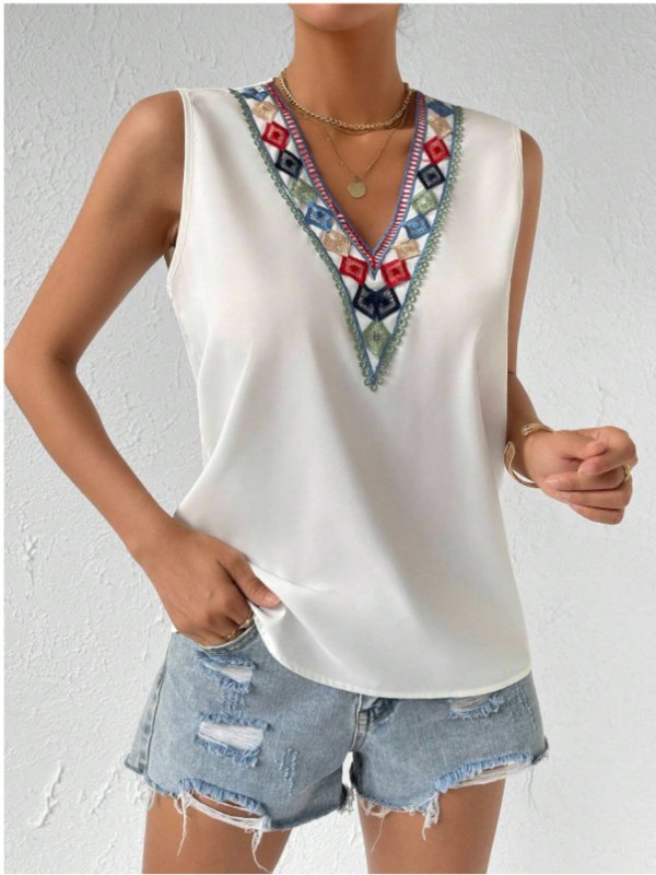 Contrast Geometric V-Neck Tank - Cute Little Wish