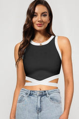 Contrast Tie Back Round Neck Tank - Cute Little Wish