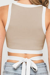 Contrast Tie Back Round Neck Tank - Cute Little Wish