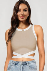 Contrast Tie Back Round Neck Tank - Cute Little Wish