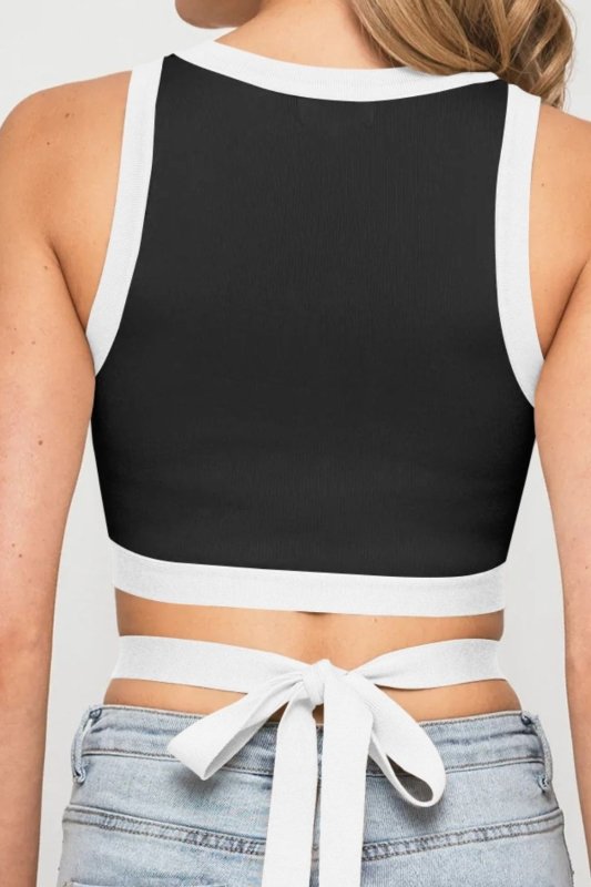 Contrast Tie Back Round Neck Tank - Cute Little Wish