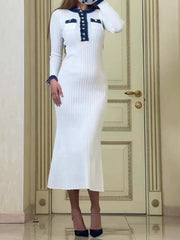 Contrast Trim Round Neck Long Sleeve Sweater Dress