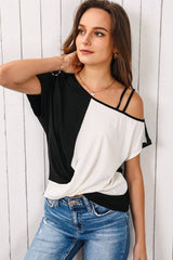 Contrast Twisted Asymmetrical Neck Top - Cute Little Wish