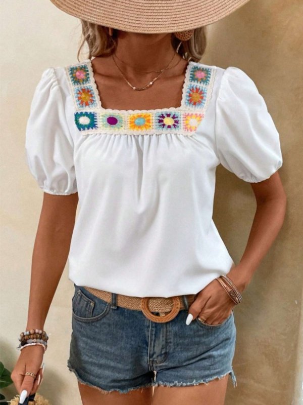 Crochet Square Neck Short Sleeve Blouse - Cute Little Wish