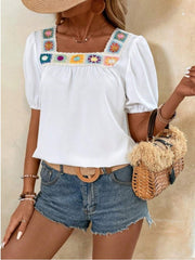 Crochet Square Neck Short Sleeve Blouse - Cute Little Wish