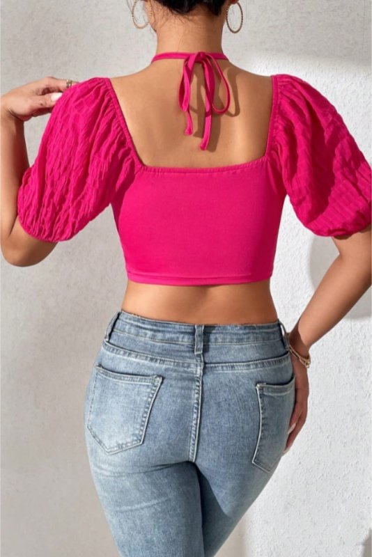 Cropped Halter Neck Tie Back Blouse - Cute Little Wish