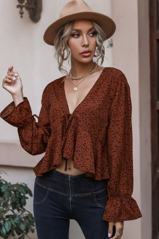 Cropped V-Neck Long Sleeve Blouse - Cute Little Wish