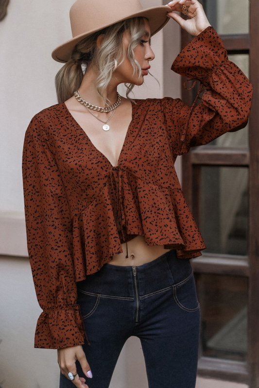 Cropped V-Neck Long Sleeve Blouse - Cute Little Wish