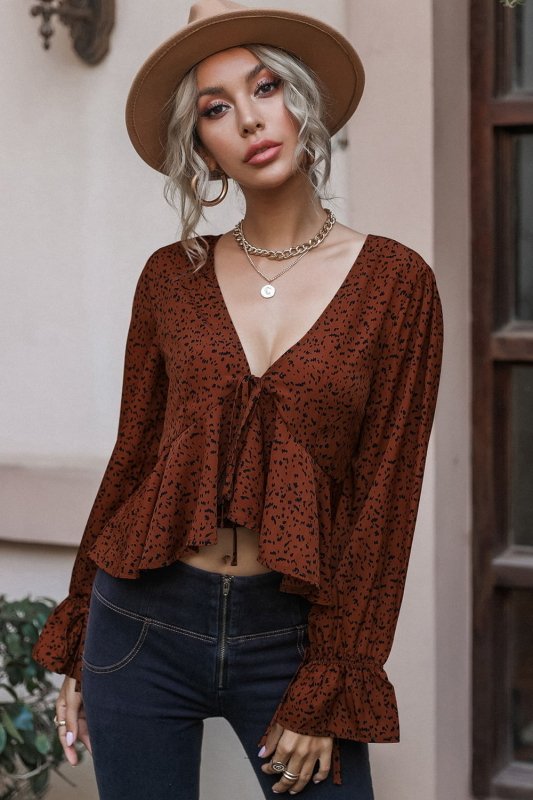 Cropped V-Neck Long Sleeve Blouse - Cute Little Wish