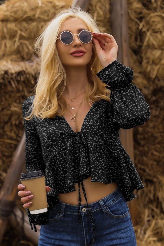 Cropped V-Neck Long Sleeve Blouse - Cute Little Wish