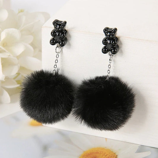 Cute Black Bear Resin Earrings with Pom - Pom Detail - Cute Little Wish