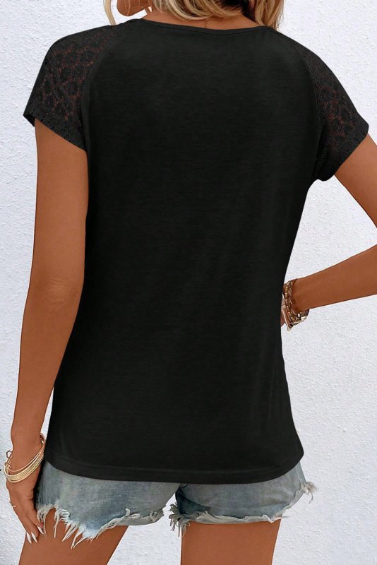 Cutout Round Neck Lace Short Sleeve T-Shirt - Cute Little Wish