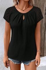 Cutout Round Neck Lace Short Sleeve T-Shirt - Cute Little Wish