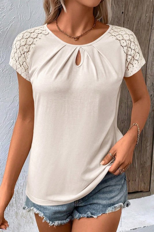 Cutout Round Neck Lace Short Sleeve T-Shirt - Cute Little Wish