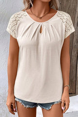 Cutout Round Neck Lace Short Sleeve T-Shirt - Cute Little Wish