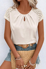 Cutout Round Neck Lace Short Sleeve T-Shirt - Cute Little Wish