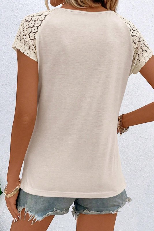 Cutout Round Neck Lace Short Sleeve T-Shirt - Cute Little Wish