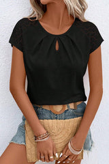 Cutout Round Neck Lace Short Sleeve T-Shirt - Cute Little Wish