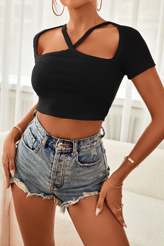 Cutout Short Sleeve Cropped Top - Cute Little Wish