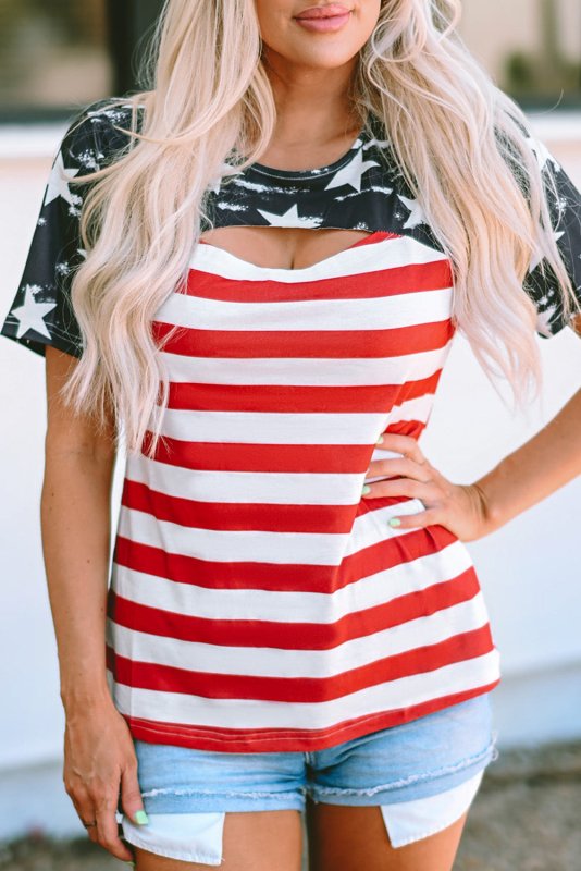 Cutout Striped Round Neck Short Sleeve T-Shirt - Cute Little Wish