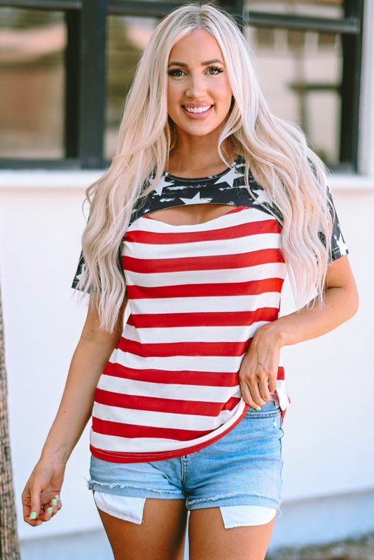 Cutout Striped Round Neck Short Sleeve T-Shirt - Cute Little Wish