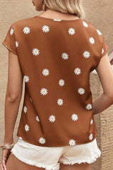 Daisy Printed Round Neck Short Sleeve Blouse - Cute Little Wish