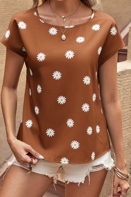 Daisy Printed Round Neck Short Sleeve Blouse - Cute Little Wish