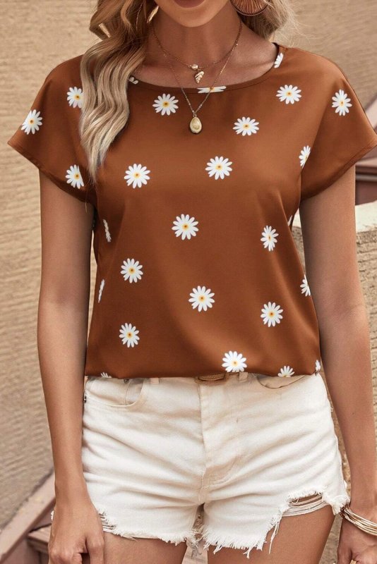 Daisy Printed Round Neck Short Sleeve Blouse - Cute Little Wish