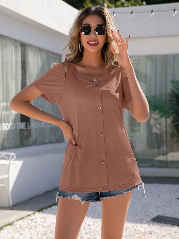 Decorative Button Round Neck Cold Shoulder T-Shirt - Cute Little Wish