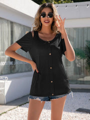 Decorative Button Round Neck Cold Shoulder T-Shirt - Cute Little Wish